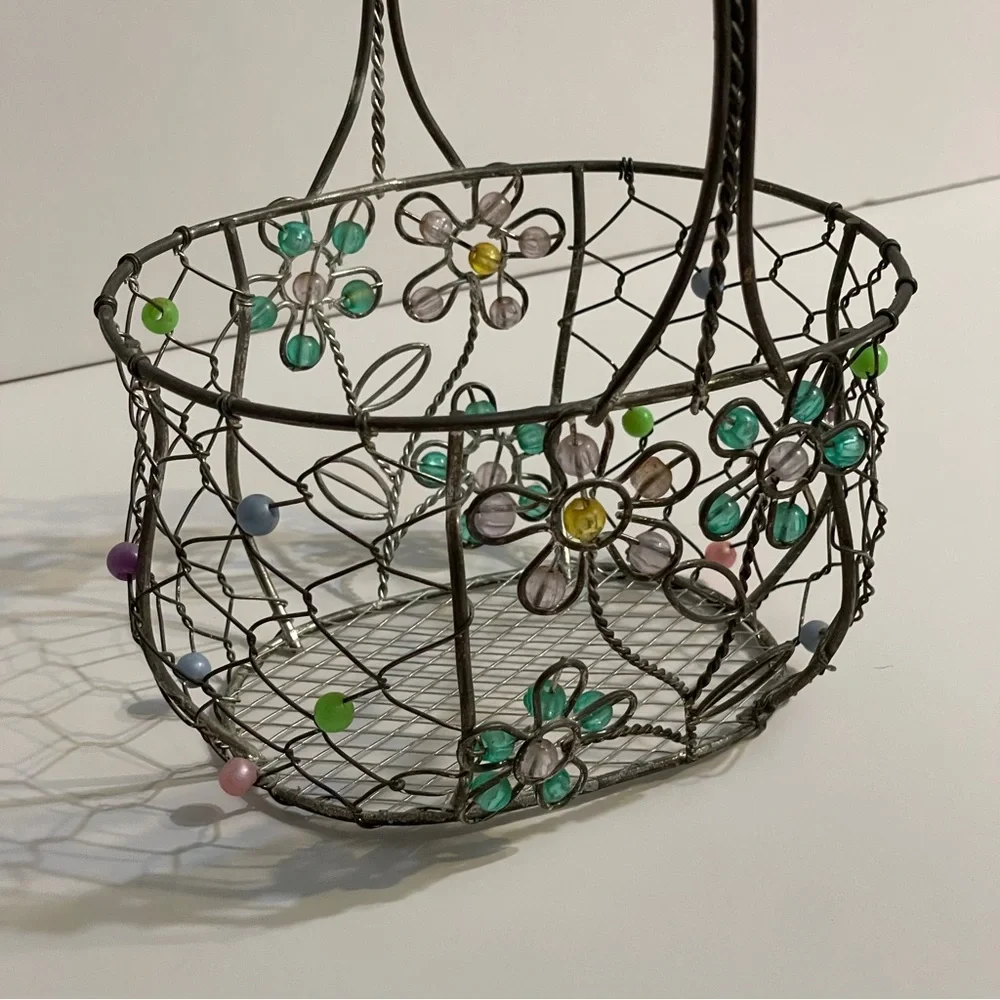 Vintage Metal Wire Basket, Pink & Green Beaded Daisies Flowers, silver tone